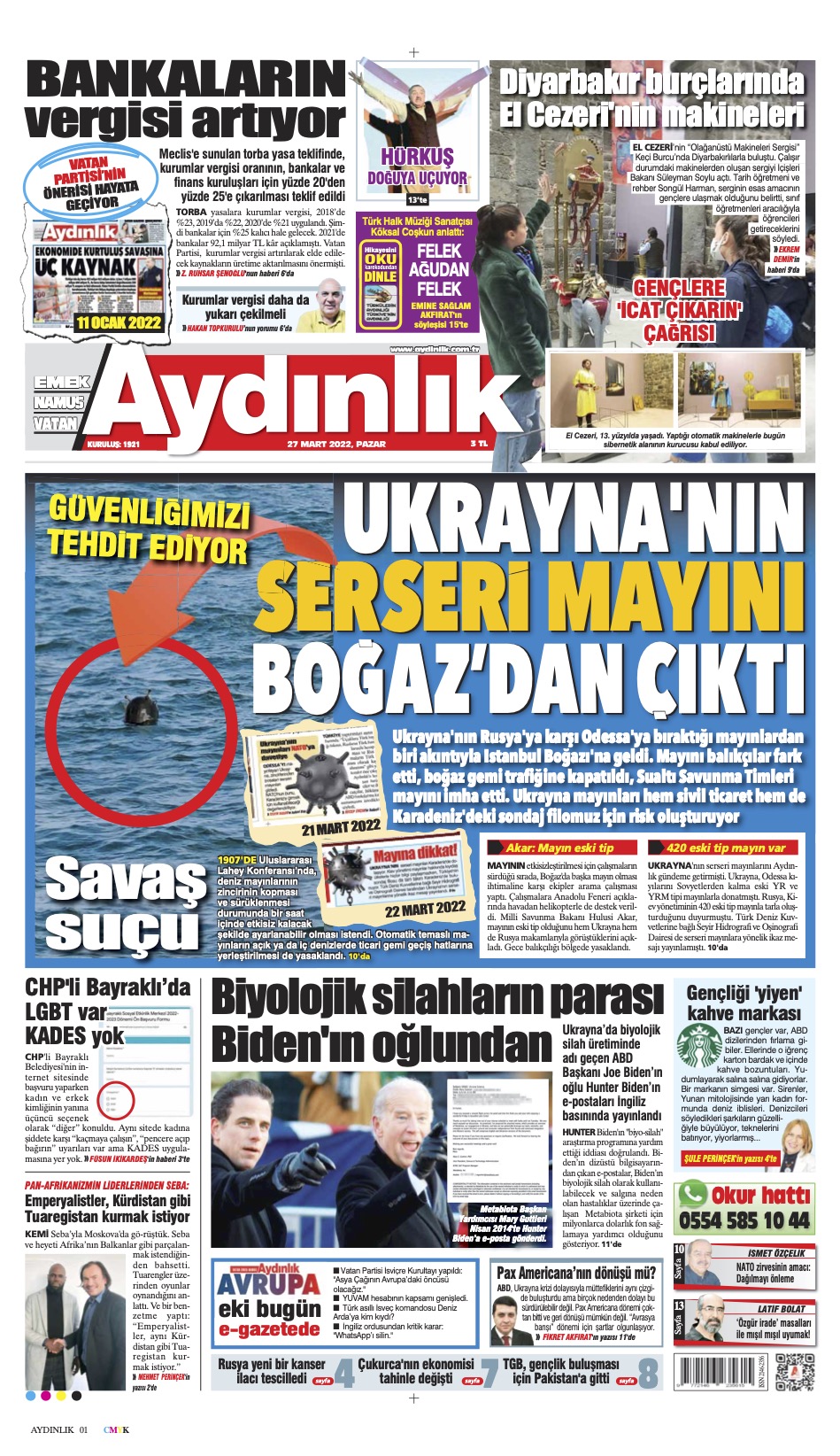 Aydınlık Gazetesi 27 Mart 2022 Kapak Sayfası Egazete
